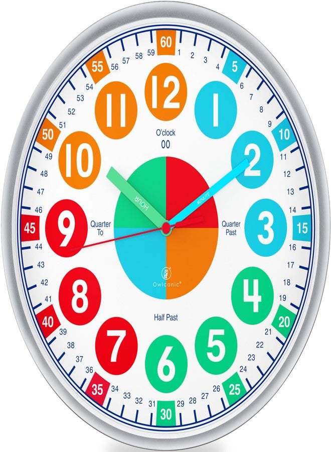 OWLCONIC Kids Clock, Non Ticking Analog Clocks for Learning to Tell Time, Teaching Clock for Kids Wall, Clocks for Classroom, Homeschool Decor, Bedrooms, Silent, Homeschooling Resource. - Image 1